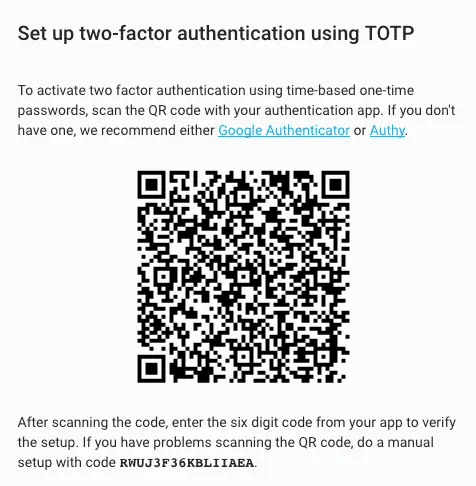 Setting up two-factor authentication using TOTP 